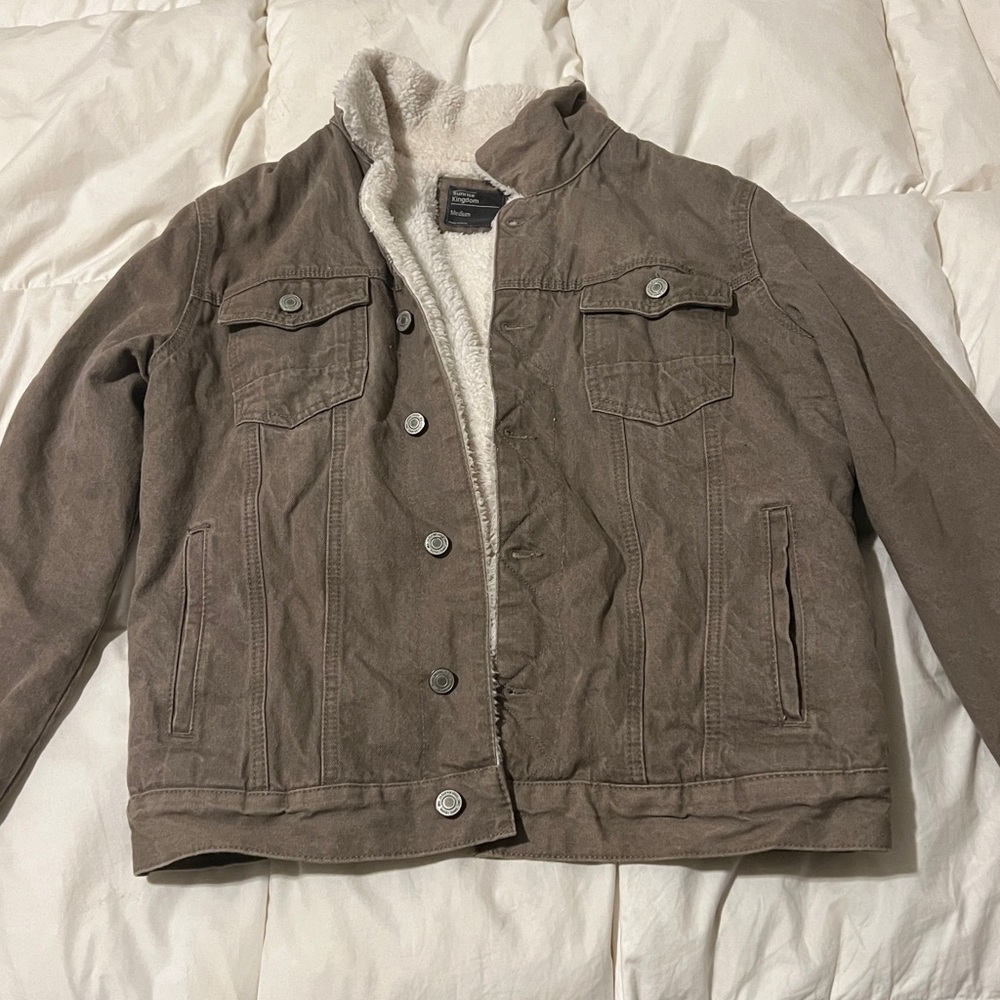 Sunrise Kingdom Men’s Sherpa Lined Light Washed Jacket- Grey- Medium